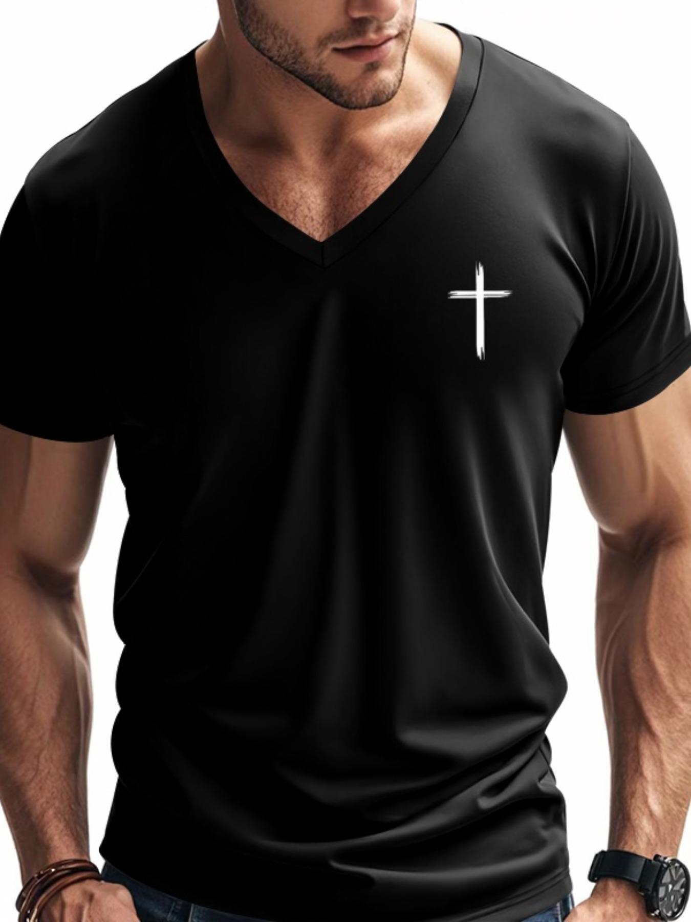 Men's Cross Print V Neck Tee, Regular Fit Casual Short Sleeve T-shirt for Summer, Men's Top for Daily Wear, Gym Tees, Gym Workout Shirt