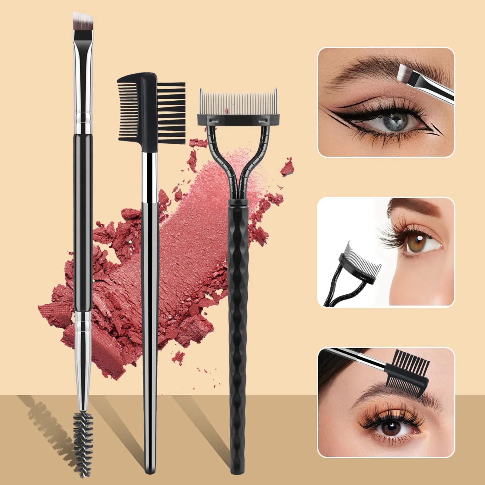 3-Piece Eyebrow and Mascara Brush Set, Dual-Ended Angled Brow Brush, Two-In-One Brow Comb and Mascara Tool, for Brow Shaping and Definition, Multifunctional Makeup Brushes