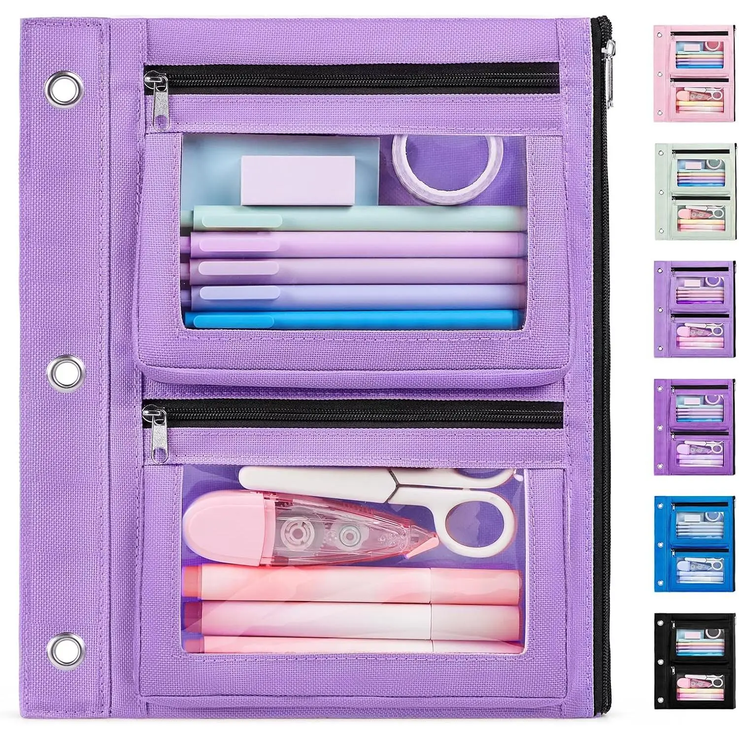 Pencil Pouch for 3 Ring Binder, 3-Pocket Zipper Pouch with 2 Front Expandable Pockets, Large Pencil Case with Clear Windows, Storage Organizer for School Supplies, Cables, Makeup, Lavender