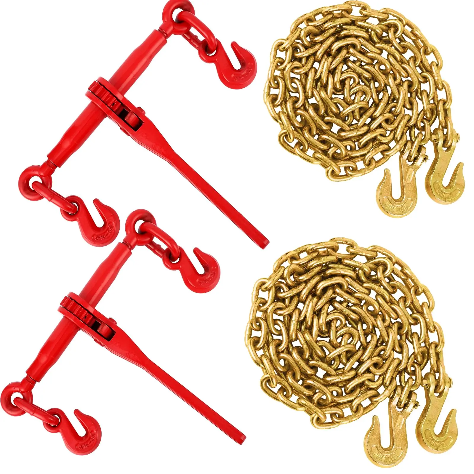 Heavy Duty G70 Ratchet Chain Binder Kit, 2 Pack – 3/8"-1/2" & 5/16"-3/8" Load Binders with 10FT Chains, 12,000 lbs WLL – For Truck, Trailer, Industrial, Agricultural Applications