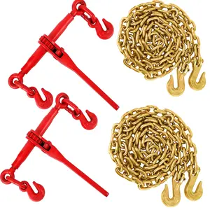 Heavy Duty G70 Ratchet Chain Binder Kit, 2 Pack – 3/8"-1/2" & 5/16"-3/8" Load Binders with 10FT Chains, 12,000 lbs WLL – For Truck, Trailer, Industrial, Agricultural Applications