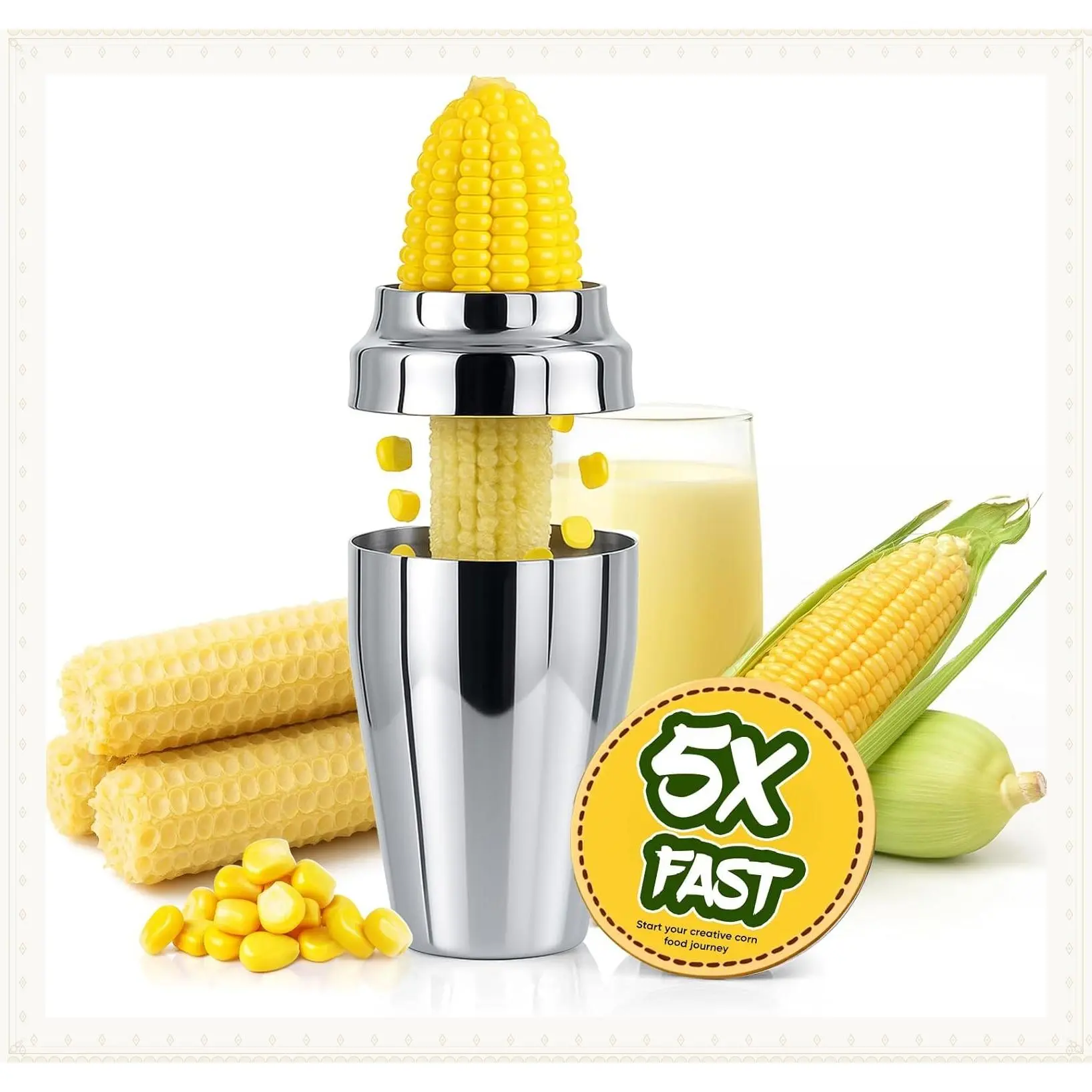Corn Cutter Peeler with Cup, 304 Stainless Steel Corn Cob Stripper - Mess-Free Corn Kernel Remover Tool with Serrated Sharp BladeGift