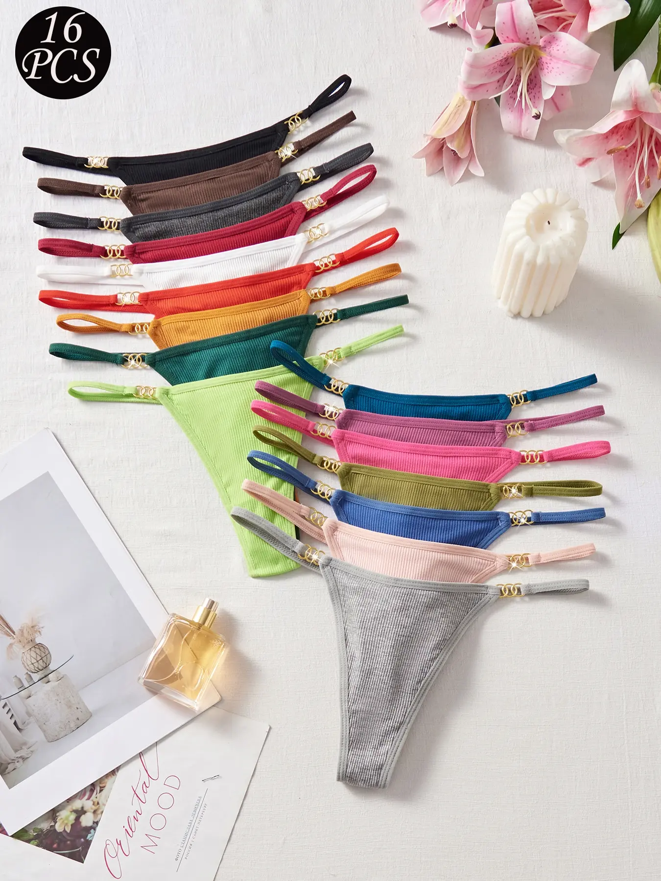 Women's Elegant Thong Panties Underwear Set of 16, Comfortable Ribbed Texture, Non-Transparent, Hand Washable, Multiple Colors Available