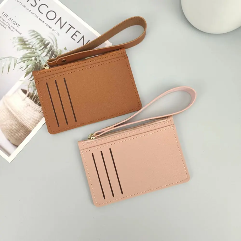 Women's Plain Leather Compact Card Wallet Pouch - Ultra-Thin Zipper Organizer with Wrist Strap, ID Window, for Travel & Commute (Women's Clutches & Wristlets)
