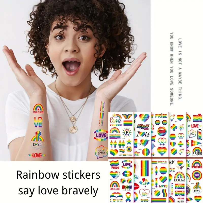 10pcs About 100 Patterns Rainbow Festival Tattoo Stickers Pride Festival Tattoo Stickers Love Love Rainbow Pride Free Party Bar Gathering Temporary Stickers Rainbow Festival Stickers Fake Tattoos
