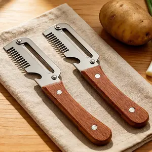2-Piece Stainless Steel Peeler and Vegetable Slicer with Wooden Handle, Heavy Duty Thick Blade Efficient Kitchen Tool for Peeling Fruits and Vegetables, Home Cooking Essentials for Meal Prep, Everyday Kitchen Accessories