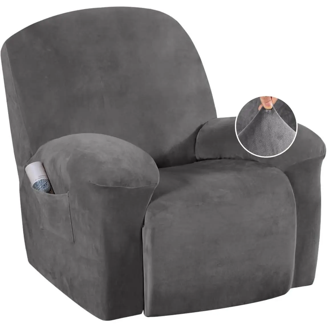 Velvet Recliner Chair Covers 1-Piece for Reclining Chair, Recliner Cover Feature Thick Luxury and Soft with Elastic Bottom, Anti-Slip Foams (Grey, Large)