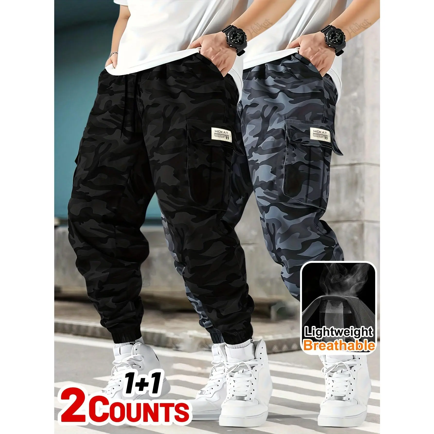 Men's 2PCS Camouflage Cargo Work Pants - Lightweight Thin Breathable Fabric, Adjustable Drawstring Waist, Flap Multi Pockets, Loose Fit - Versatile Casual Pants for Daily Wear & Outdoor Hiking | Spring Summer Outfits