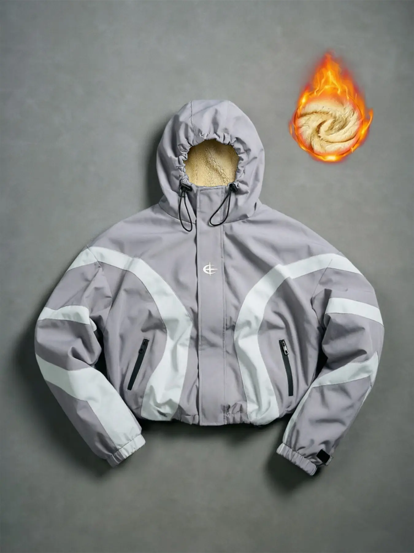 Men's Streetwear Windproof Jacket, Sherpa Lining, Waterproof, Outdoor Jacket, Casual Winter Outerwear, Loose-Fitting, Geometric Pattern, Plain Surface
