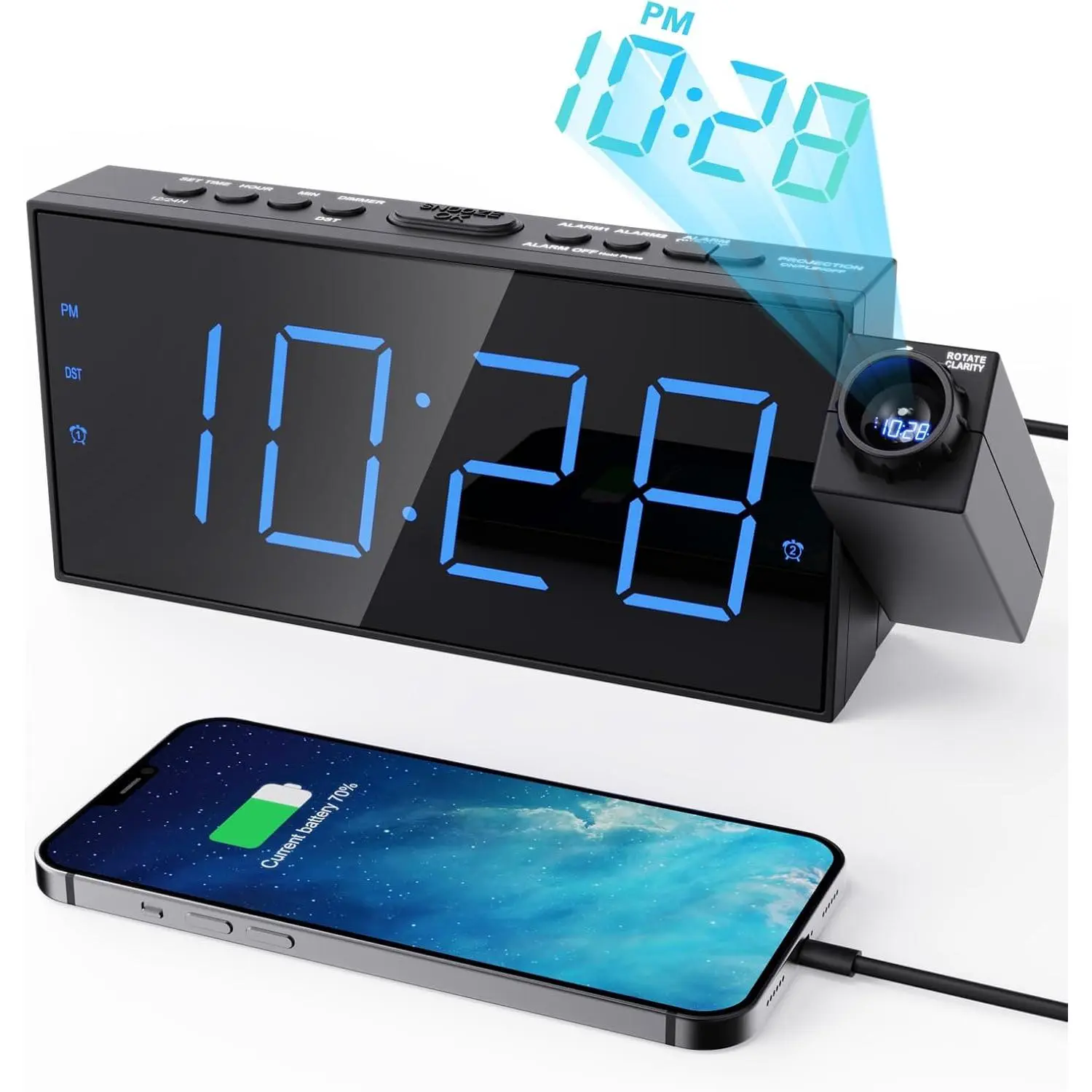 Projection  Clock for Bedroom Ceiling, 180° Projector,