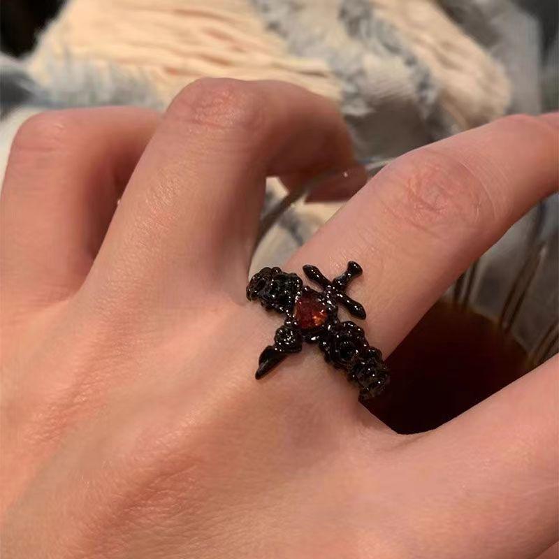Forbidden Love Villain Gun Black Ring – Dark Aesthetic Statement Ring for Women, Sweet Cool Bad Girl Style Open Ring