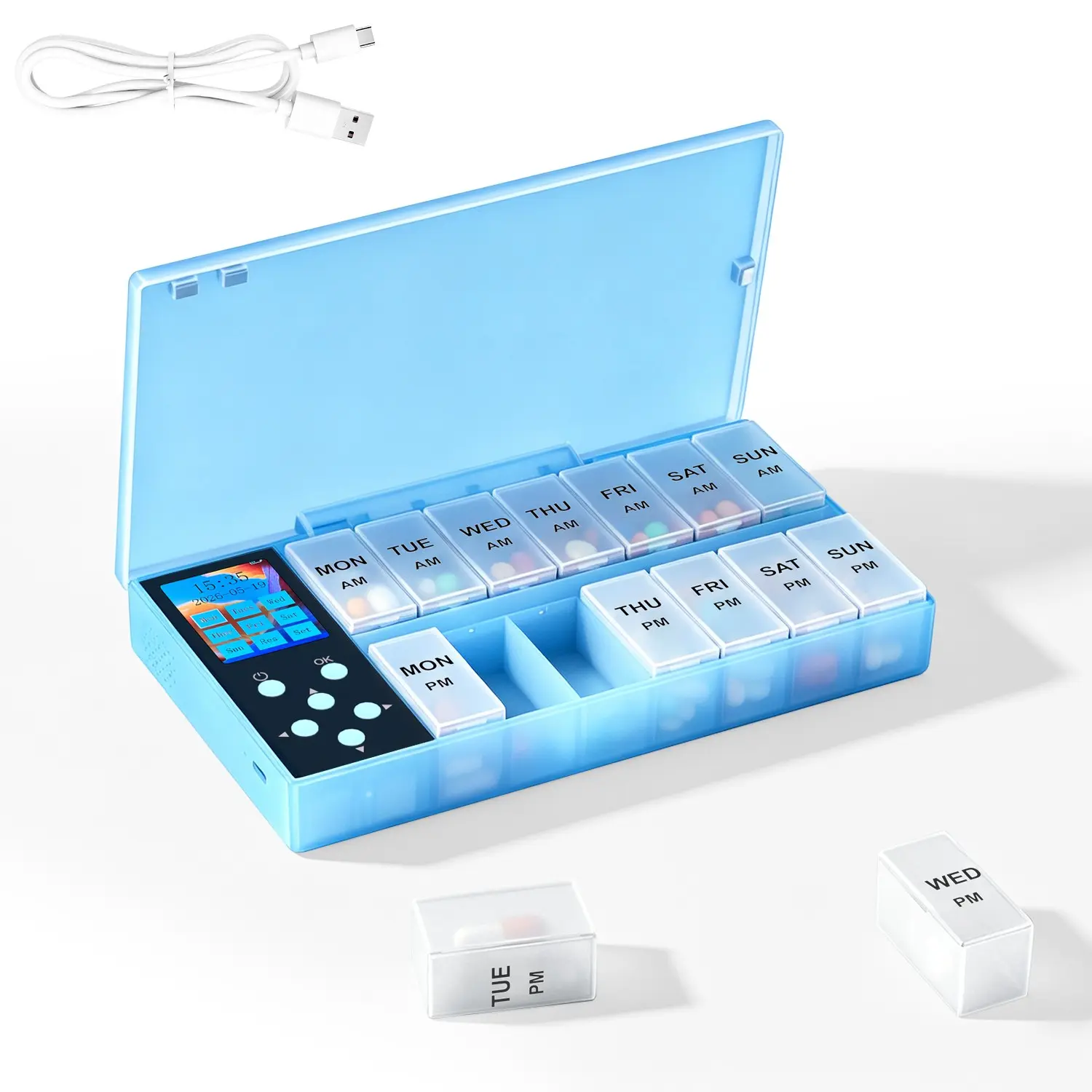 Weekly 4-Dose Electronic Pill Organizer, Travel Daily Medication Box, 7-Day Pill Container, Vitamin/fish Oil Storage, Drug Management Tool, Portable Vitamin Organizer