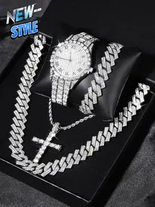 4-Piece Gift Set Watch Necklace Bracelet Box, Cross Punk Style, Analog Round Face, Adjustable Strap, Jewelry Set, Fashionable Jewelry Set, Trendy Jewelry Set, Silver Iced Out Diamond Watch & Iced Cuban Cross Pendant Necklace Set Hip Hop Mens