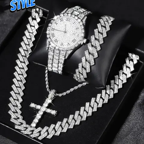 4-Piece Gift Set Watch Necklace Bracelet Box, Cross Punk Style, Analog Round Face, Adjustable Strap, Jewelry Set, Jewellery Gift Set, Silver Iced Out Diamond Watch & Iced Cuban Cross Pendant Necklace Set Hip Hop Mens