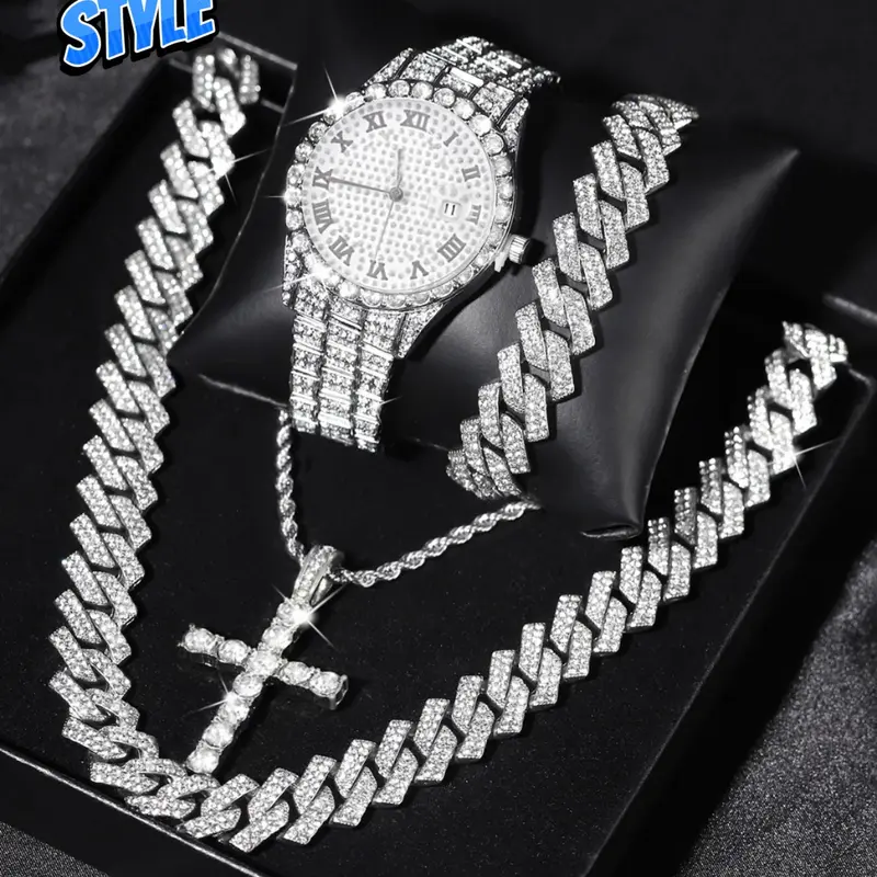 4-Piece Gift Set Watch Necklace Bracelet Box, Cross Punk Style, Analog Round Face, Adjustable Strap, Jewelry Set, Jewellery Gift Set, Silver Iced Out Diamond Watch & Iced Cuban Cross Pendant Necklace Set Hip Hop Mens