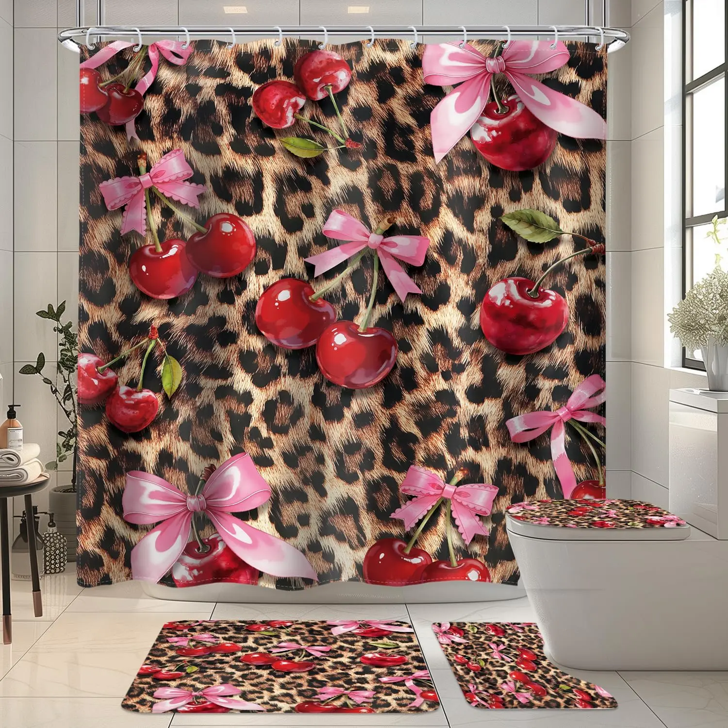 72 in Washable Polyester Leopard Cheetah Print Cherry Bow 4-Piece Bathroom Set, Shower Curtain with 12 Hooks, Non-Slip Rugs, U-Shaped Mat & Toilet Lid Cover for Retro Girly Bath Decor