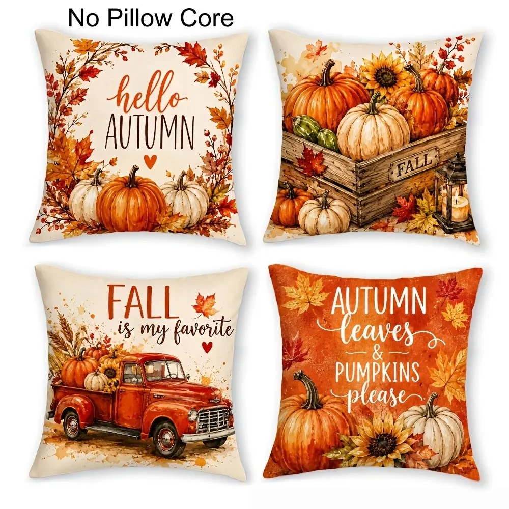4pcs, Vintage Watercolor Autumn Throw Pillow Covers, Retro Red Truck with Pumpkin Wheat Ears & FALL Slogan Cushion Cases, Suitable for Daily Office, Holiday Parties, Living Room, Bedroom, Sofa, Bed, Single Sided Printing, No Pillow Core