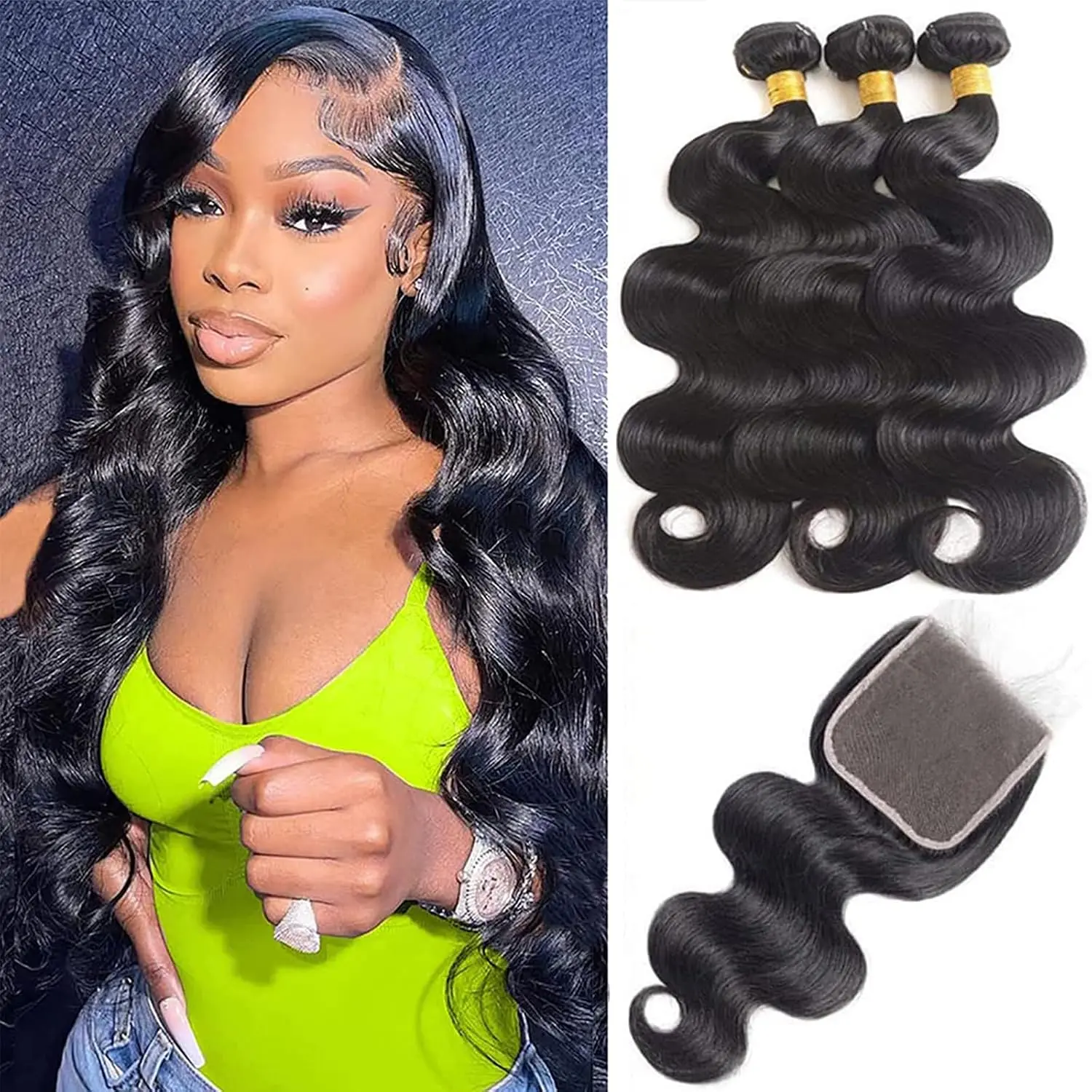 18 20 22 Inch  Wave  with Closure (16 Inch 5x5  Lace Closure) Human Hair Brazilian 3  with Closure Unprocessed Virgin Human Hair Free Part