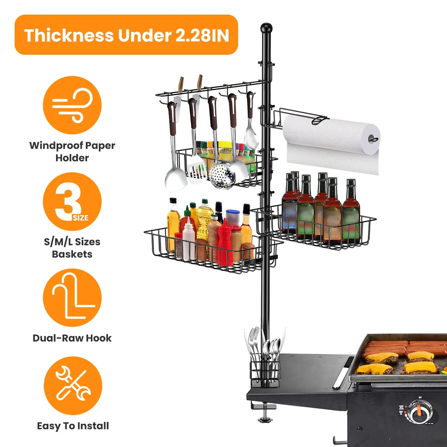 Grill Caddy Storage Rack, BBQ Organizer with Paper Towel Holder & Hooks for Griddle Accessories and Cooking Tools