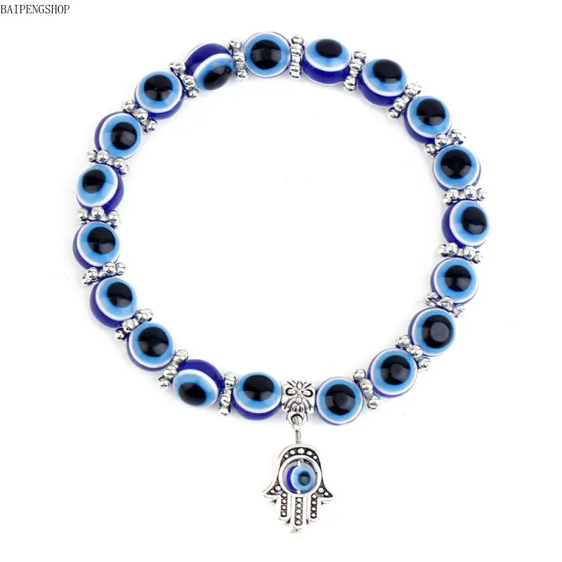 Unisex Handmade Boho Beaded Wristband Bracelet, Blue Evil Eye Palm Butterfly Charm Lucky Jewelry, Lightweight All-Season Stackable Wrist Accessory For Sports Outdoor Daily Casual Wear
