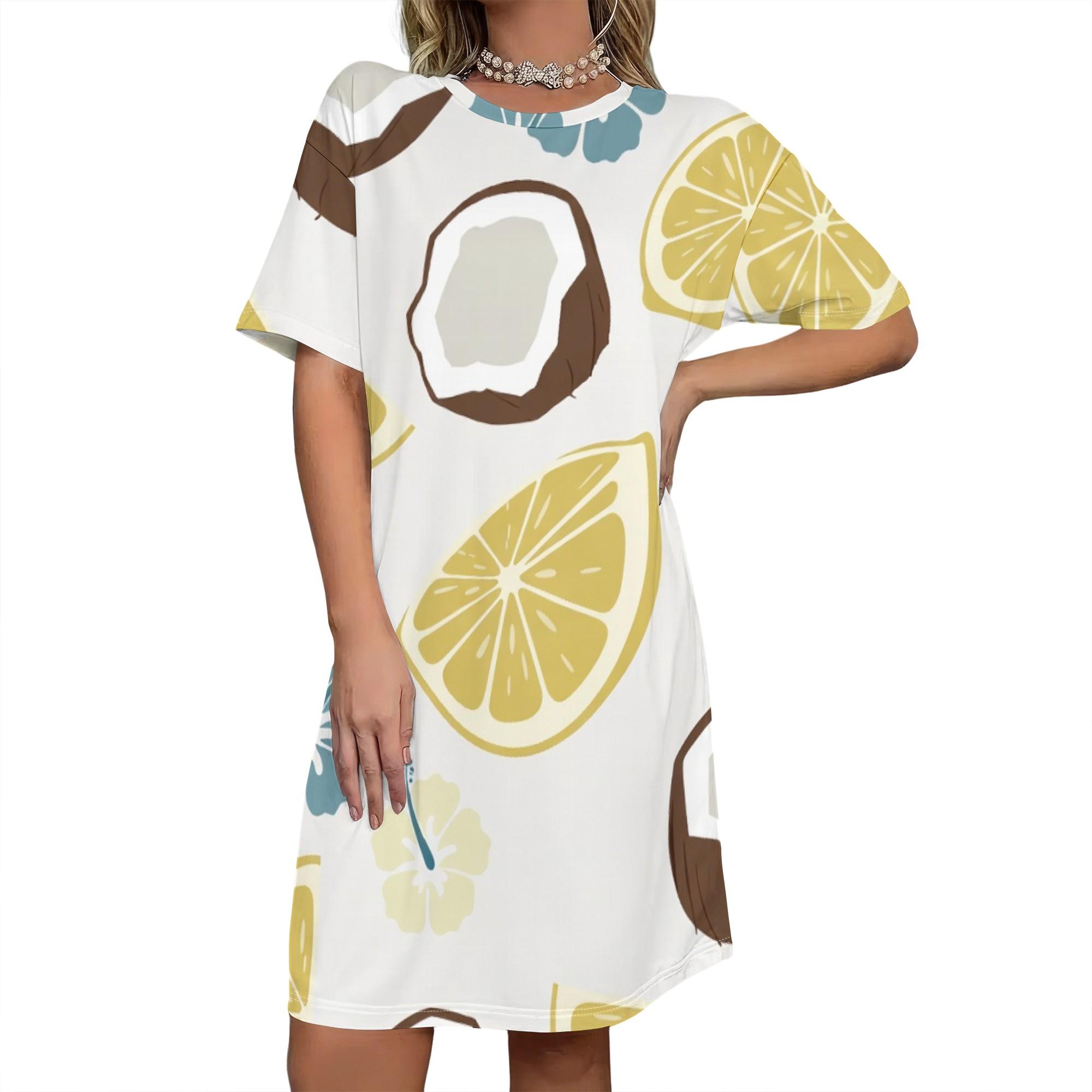 Ladies Lemon Coconut Print T-Shirt Dress Short Sleeve Casual Summer Mini Dress with Pocket