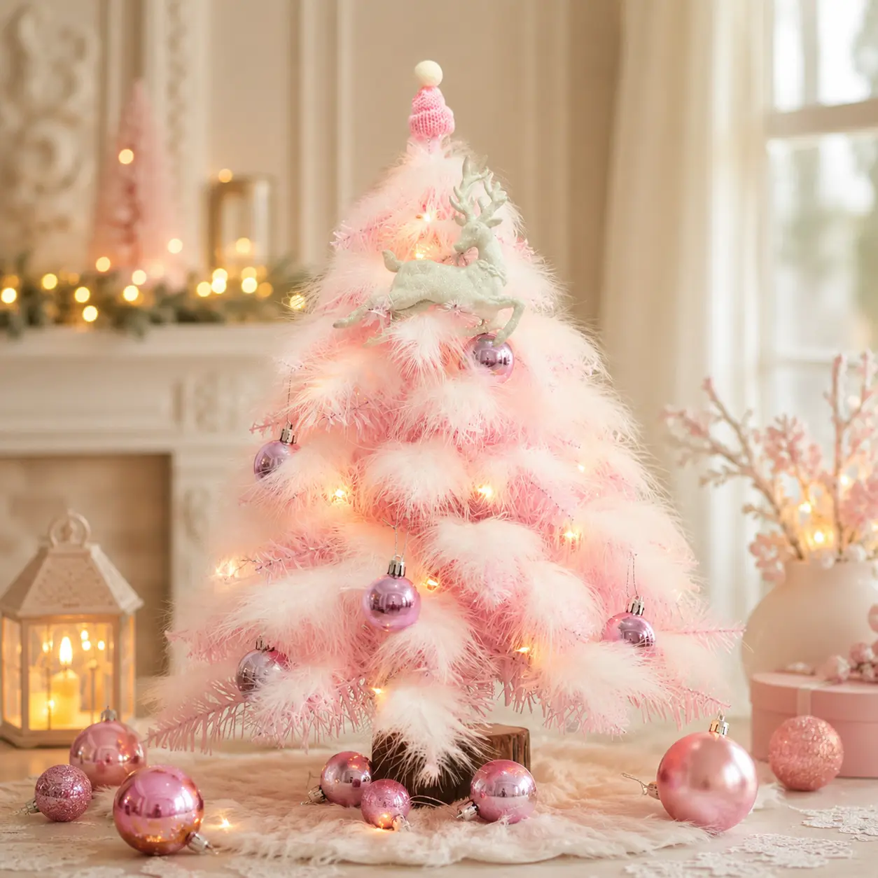 Pink Tabletop Christmas Tree with Lights, Mini Fluffy Feather Holiday Tree Decor with Reindeer Topper, Pink Ball Ornaments & Wood-Style Base, Cute Pre Decorated Xmas Tree for Bedroom, Living Room, Desk, Mantel, Shelf, Holiday Gift