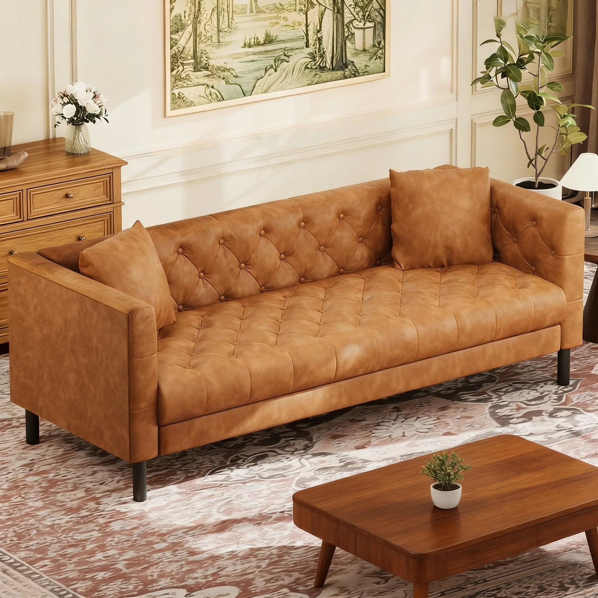 GAOMON 81in Mid-Century Modern 3-Seater Chesterfield Sofa, Rolled Arms, Button Tufted Back, Deep Seat, Leather/Faux Leather Upholstery, 2 Included Pillows, Multiple Colors for Living Room, Office