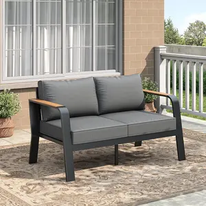 Outdoor Aluminum Patio Furniture Sofa All-Weather Metal Outdoor Couch with Cushions Modern Outdoor 2 Seats Sofa for Garden, Balcony, Deck, Backyard, Dark Grey