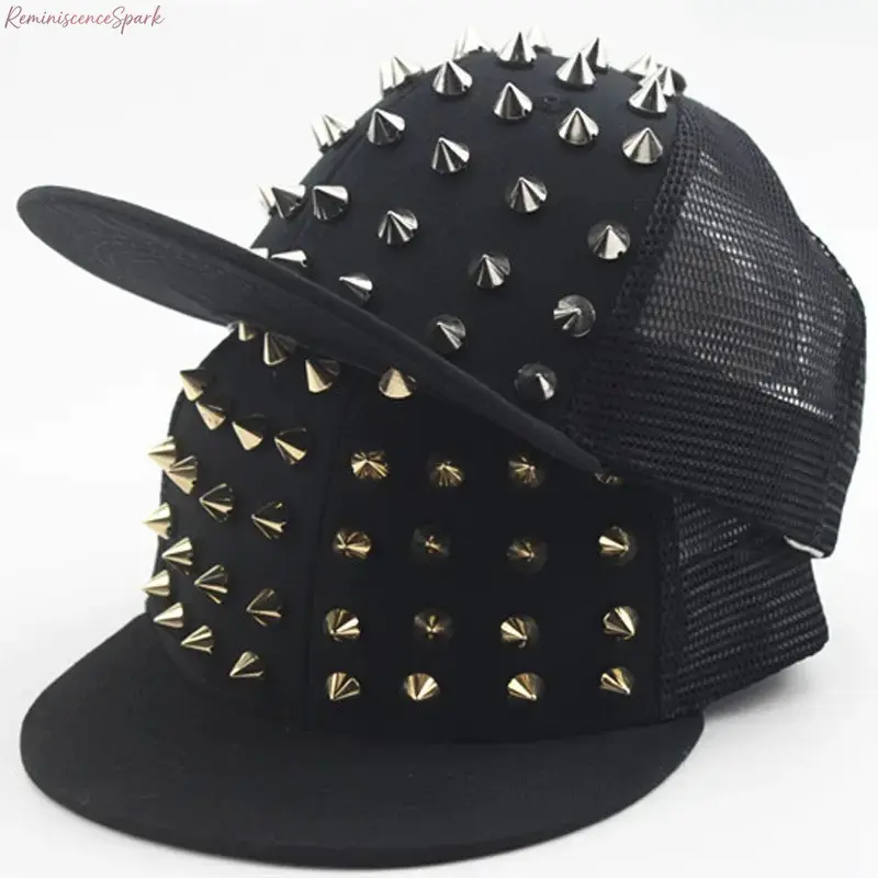 Rivet Studded Flat Brim Fitted Baseball Cap, Unisex Punk Rock Streetwear Hat, Trendy Hip Hop Head Accessory, Comfort Close-Fit Cap, Stylish Daily Wear Headwear, Great Gift for Teens, Men & Women for Outdoor, Party & Casual Outfits