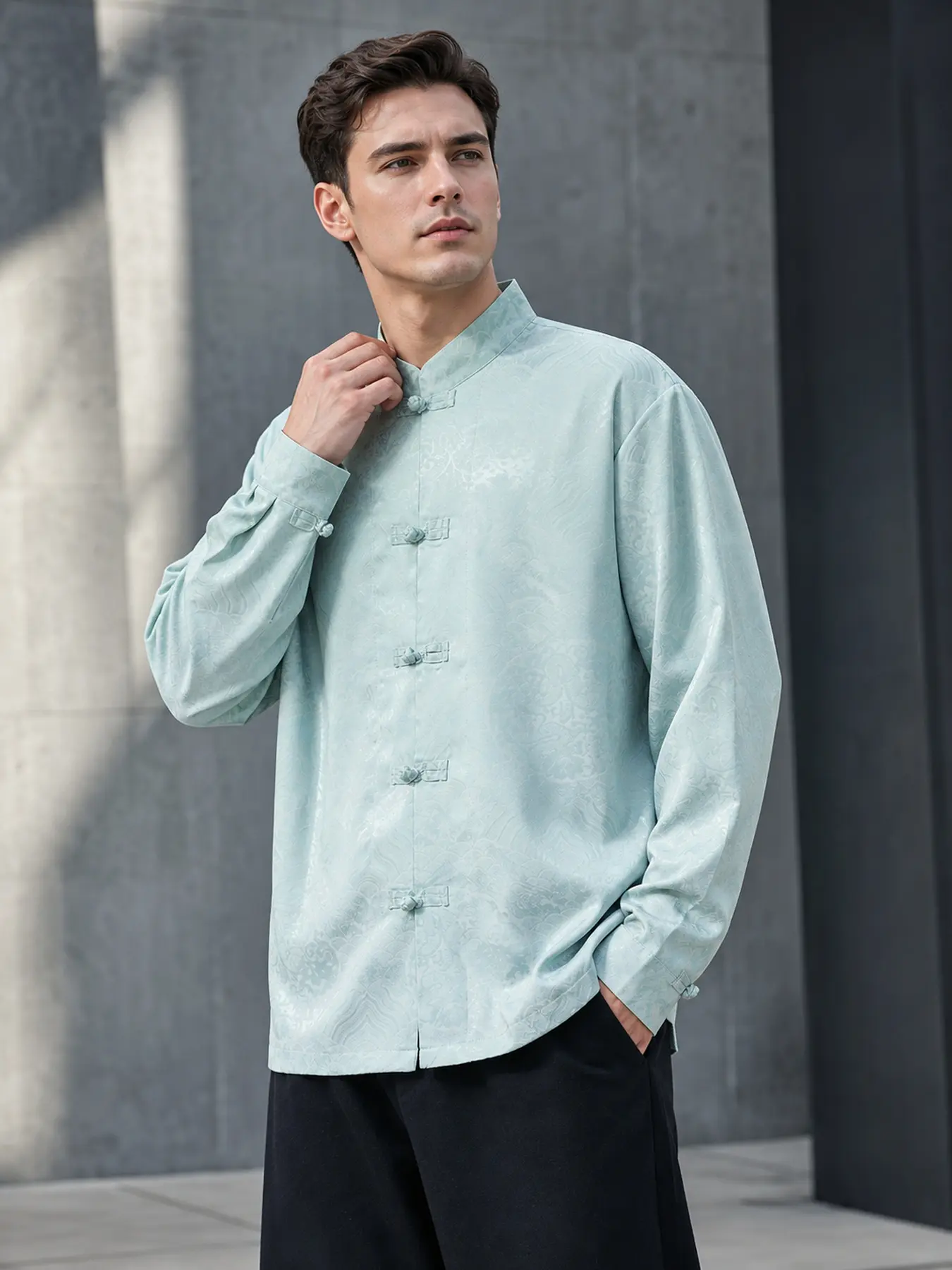 1. PC Men's Long-Sleeved Ancient Style Spring-Autumn Shirt Jacket, with Dragon Pattern Silk Standing Collar Men's Set - Chinese style brooch Tang suit clothing, comfortable and breathable, suitable for daily commuting and formal occasions.