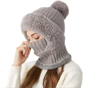Warm Fleece Fluffy One-Piece Face Mask Neck Scarf Knit Hat  Men and Women - Winter Cold Weather Protection Soft Cozy