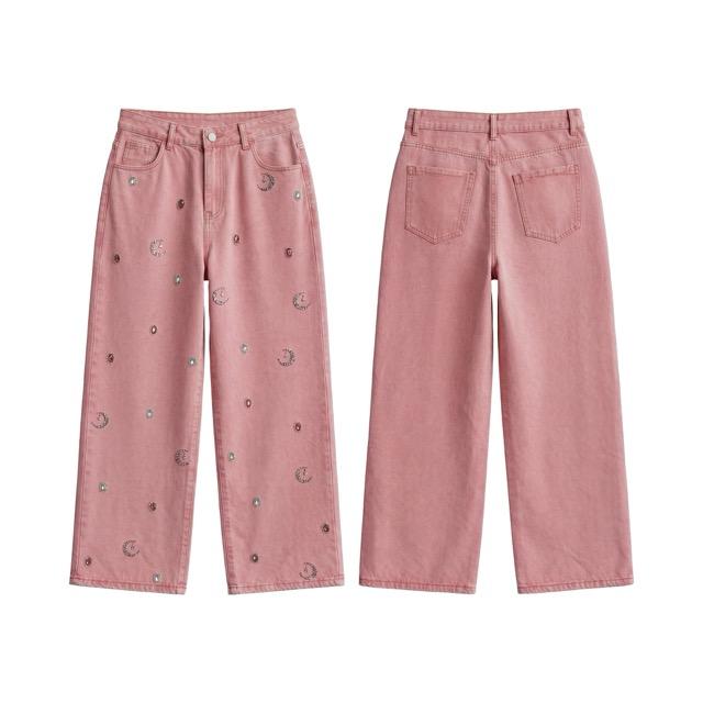2026 Women's Pink High Waisted Wide Leg Jeans with Rhinestone Moon & Stars, Sparkly Embellished Loose Baggy Denim Pants, Y2K Aesthetic Soft Girl Style