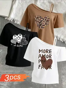 3-Pack Women's Spring Summer Asymmetrical Short Sleeve T-Shirts, Comfortable Breathable, Flag Print Top, Casual Ladies' Clothes