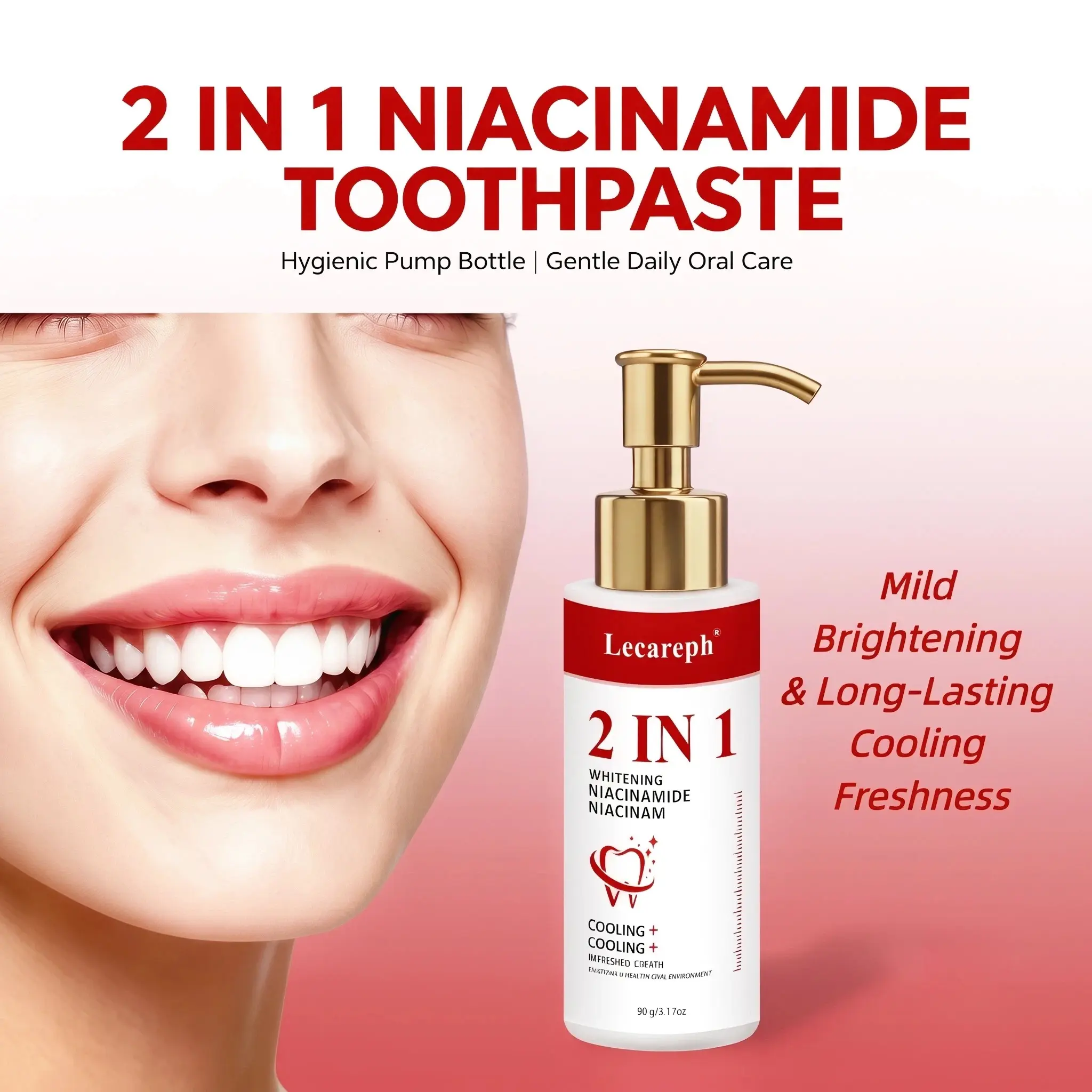 2 IN 1 brightening Niacinamide Toothpaste 90g, Nicotinamide Toothpaste Press Pump Bottle, Lift Coffee Tea Sweet Food Surface Stains, Niacinamide & Hydroxyapatite Support Enamel Care, Long Lasting Cooling Mint Fresh Breath, Long-lasting Protection for Oral