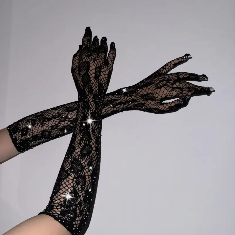 Rhinestone Leopard Sheer Elastic Fishnet Gloves - Glamorous Auspicious Sparkling Glove for Christmas, Engagement Festival Costume Fashion Accessory, Sheer Gloves