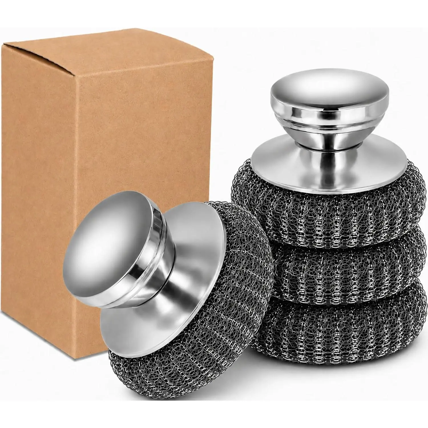 4Pcs Steel Wool Scrubber Set, Stainless Steel Scrubber with Stainless Steel Handle, for Cleaning Dishes, Cast Iron, Stock Pots, Pans, Griddles, Grills