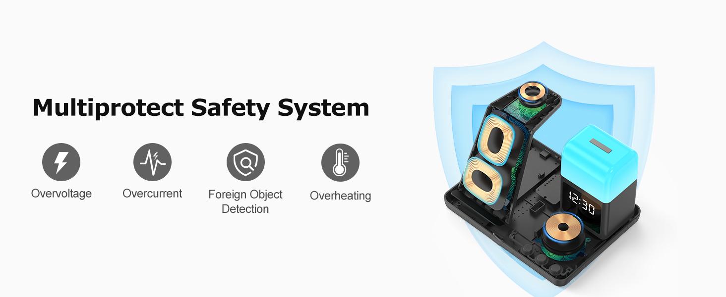 Wireless Charging Station Alarm Clock with 8 Touch Night Lights: 5 in 1 Charger Stand for Apple Devices - Charging Dock for iPhone 17 16 15 14 13 12 Pro Max Plus/Apple Watch/AirPods, Dimmable