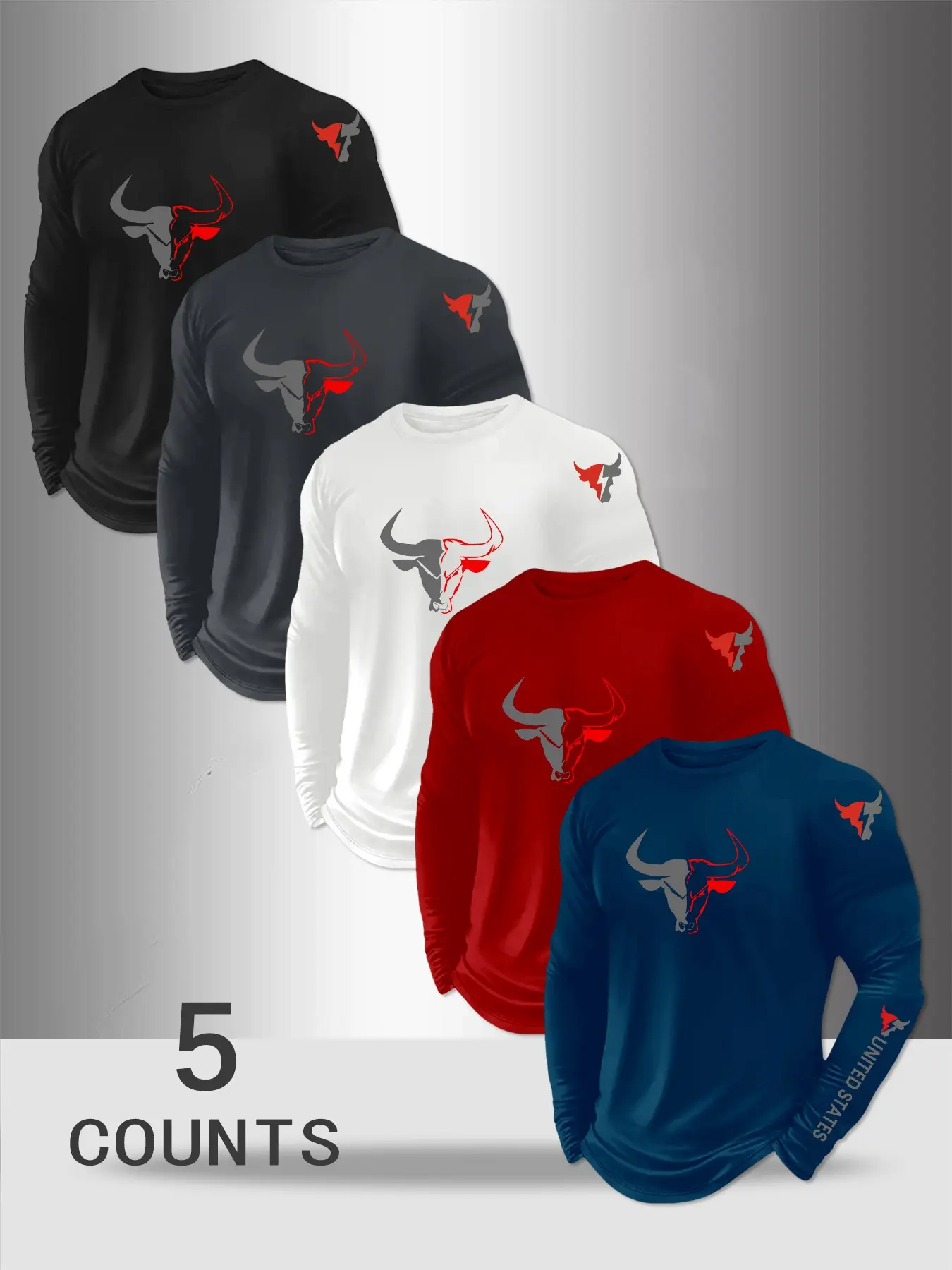 Men's Classic 5-Piece Set with Bull Head Print, Versatile Long Sleeve T-Shirts, Casual Basic Top, Perfect for Everyday Wear