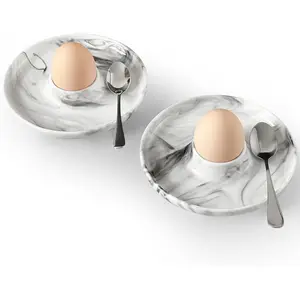 Cinf EggHolder & Spoon Set 2 Ceramic Egg Holders + 2 SS Spoons Breakfast Plate Marble 5.5'' Food Container Egg Tray Dinner Serving for Hard Boiled Eggs, Easter & Deserts Dish