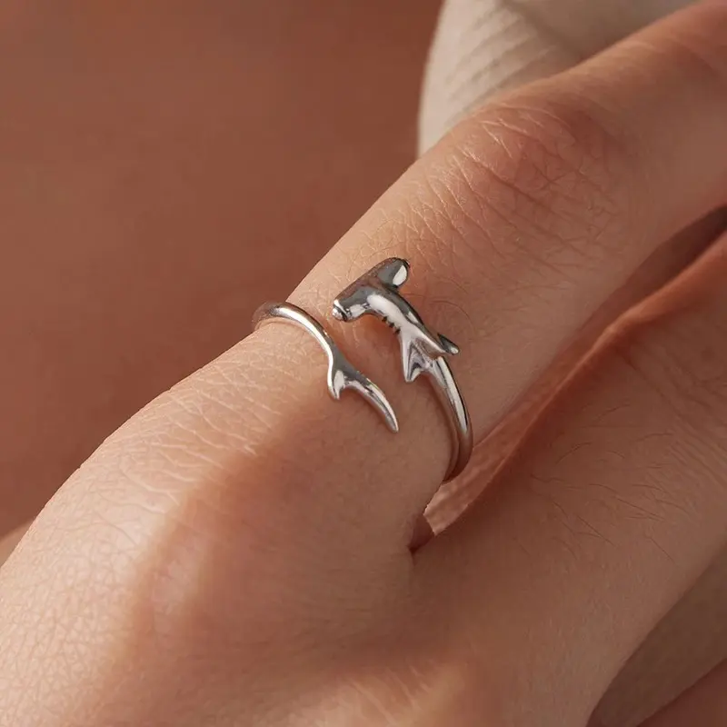 Sterling Silver Hammerhead Shark Ring for Women, Adjustable Open Stacking Ring, Ocean Inspired Sea Life Jewelry for Beach Trips, Vacation & Gifts