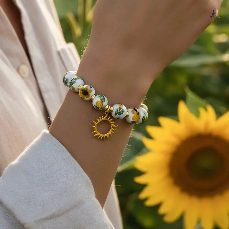 Stainless Steel Sun Pendant Bracelet for Women, Ceramic Sunflower Beaded Bracelet, Fashion Daily Jewelry for Wholesale