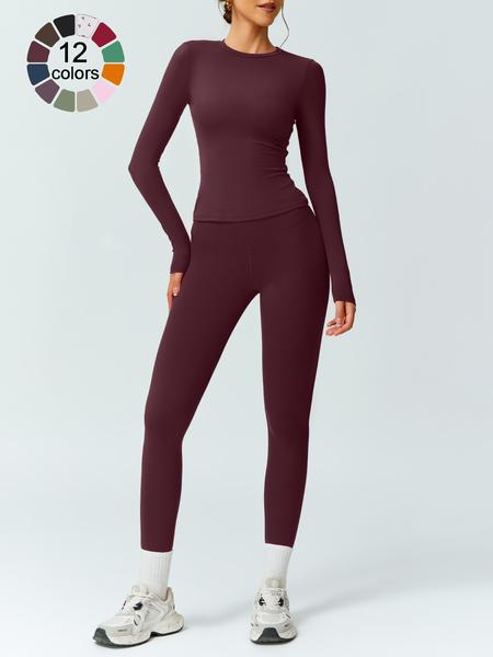 Women's Solid Color Long Sleeve Tee & High Waist Leggings Tracksuit Set, Athletic Activewear Tracksuits, Sporty Comfy Breathable Outfits for Gym Workout Running, Ladies Fall & Winter Sportswear