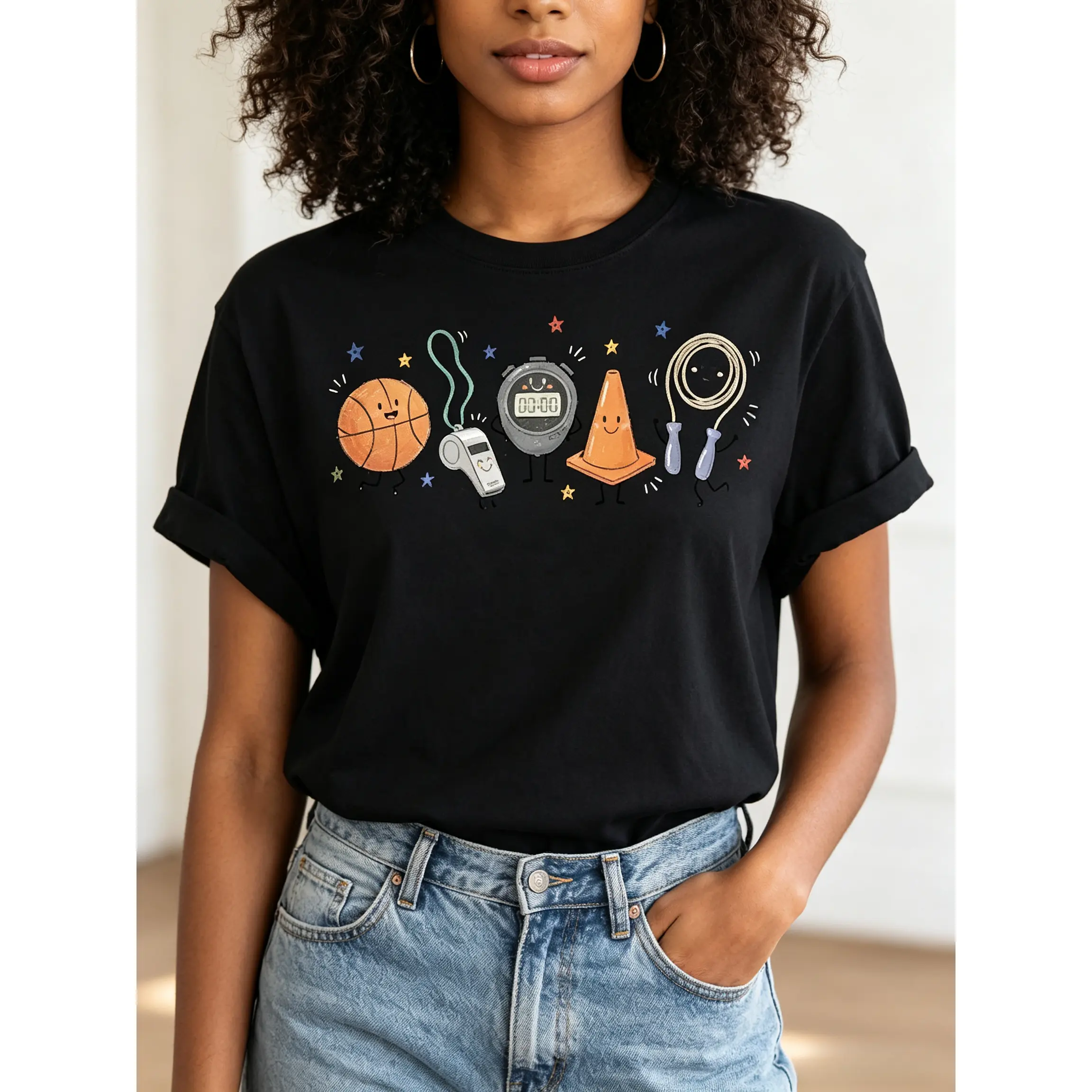 Men's PE Teacher Doodle Character T-Shirt - Physical Education Tops with Happy Whistle Basketball Design, First Day of School Tee