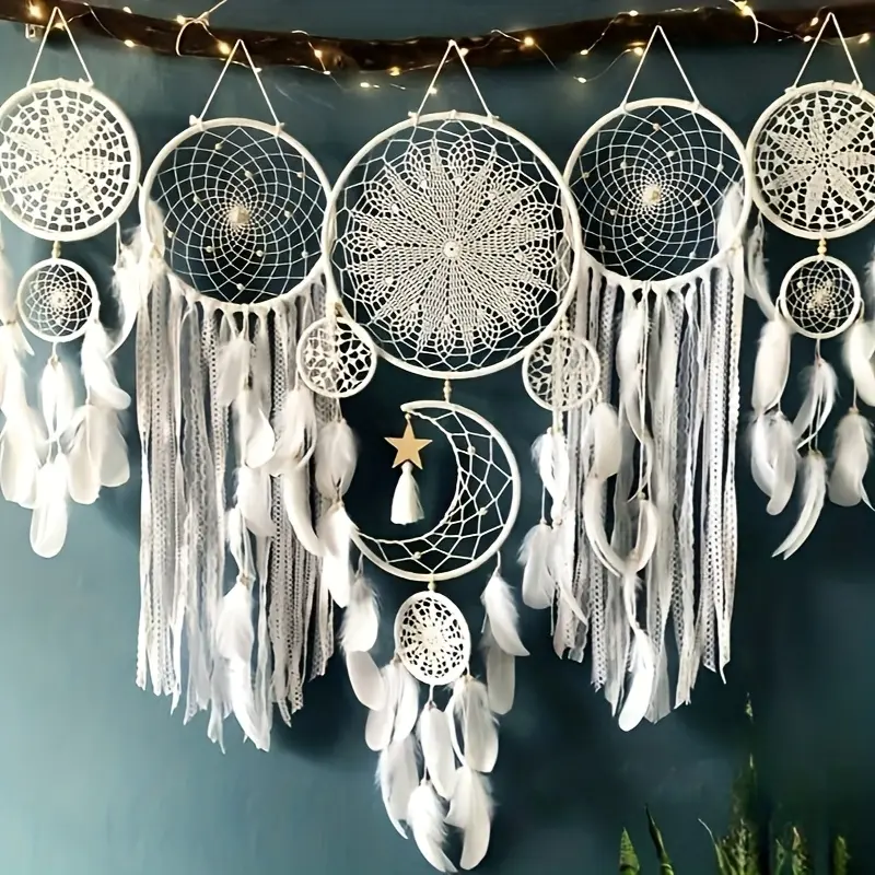 5 Pcs Boho Dream Catcher Wall Hanging Set, Handmade Woven Feather Tassel Dream Catchers, Large Macrame Wall Decor for Bedroom Dorm Home (Wood Branch & String Light Not Included)