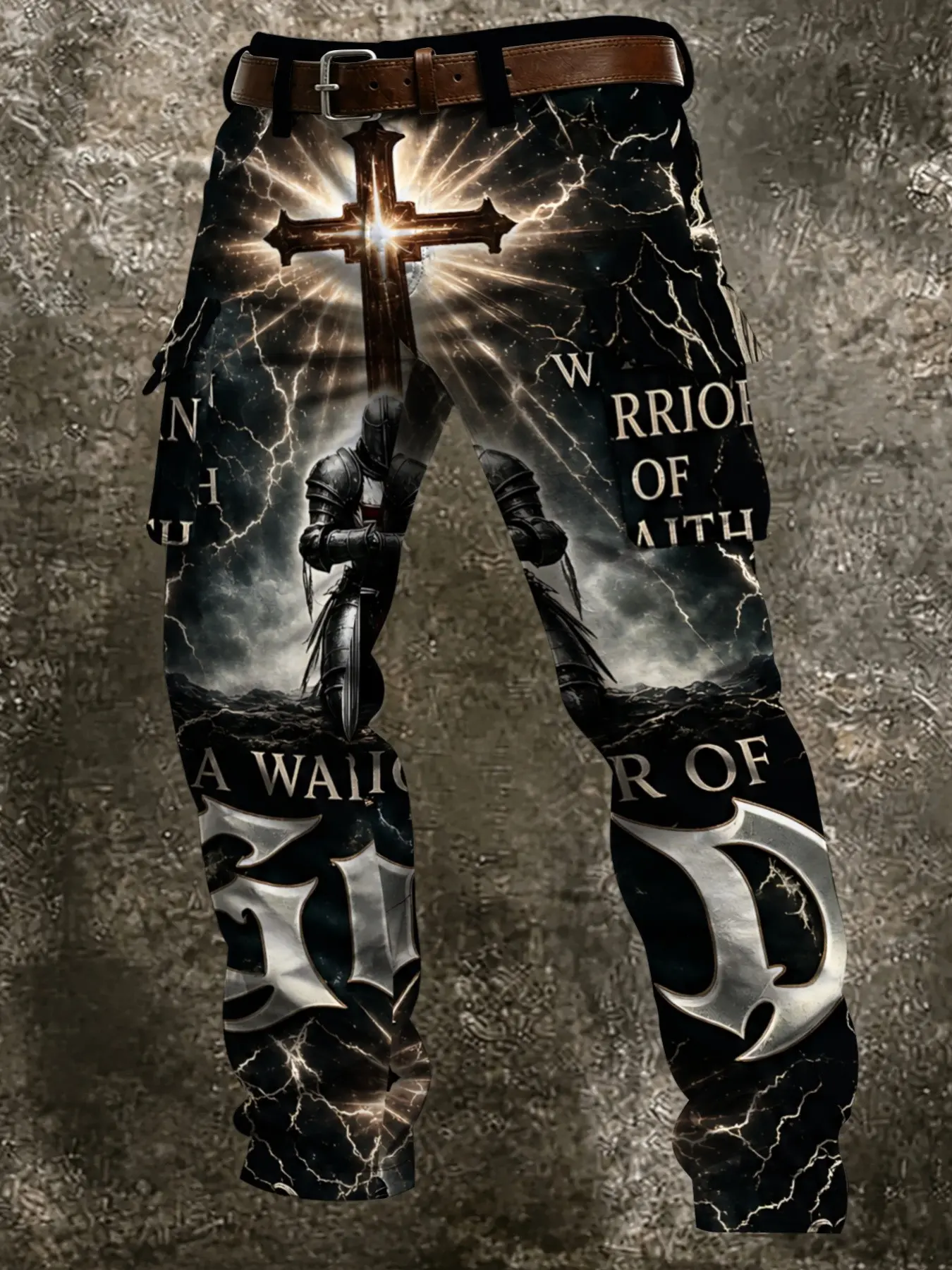 Saint Light Knight Lightning Workwear Pants, Large Capacity Flip Cover Side Pockets, Cross Sword Print, Gothic Style Long Trousers