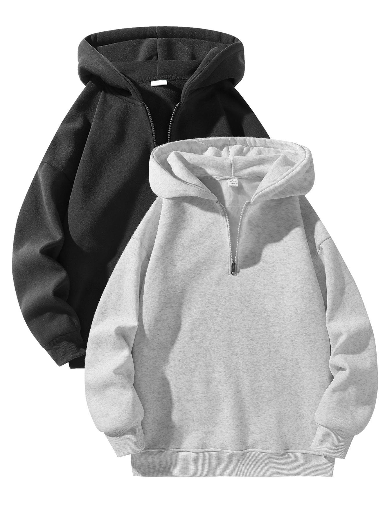 Men's Solid Half Zip Up Thermal Lined Hoodie, Regular Fit Casual Drop Shoulder Long Sleeve Hooded Sweatshirt for Fall & Winter, Men's Clothes for Daily Wear