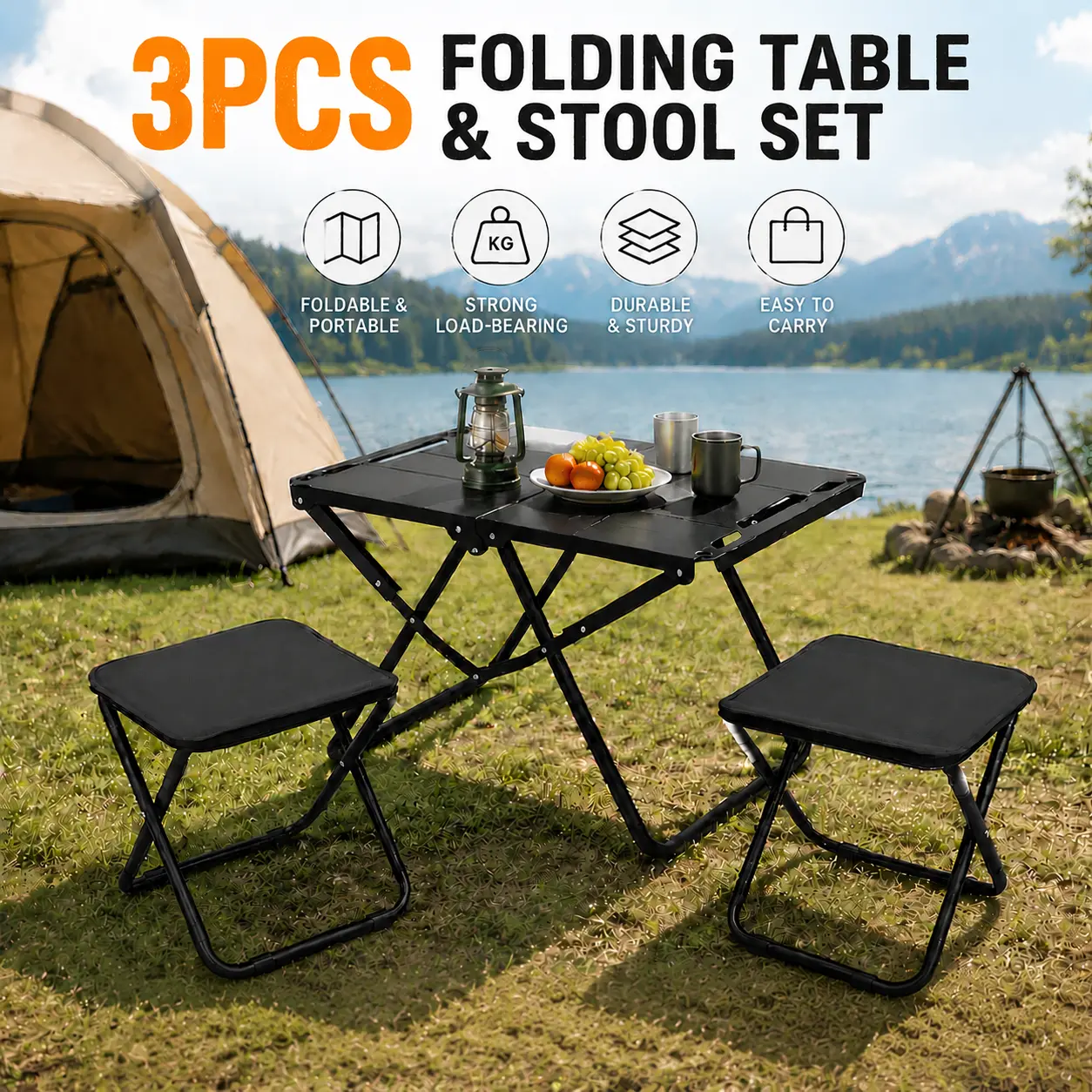 Foldable Camping Picnic Desk Military Grade Reinforced Carbon Steel Frame Ultra Stable for Fishing Hunting BBQ Overlanding with Carry Bag