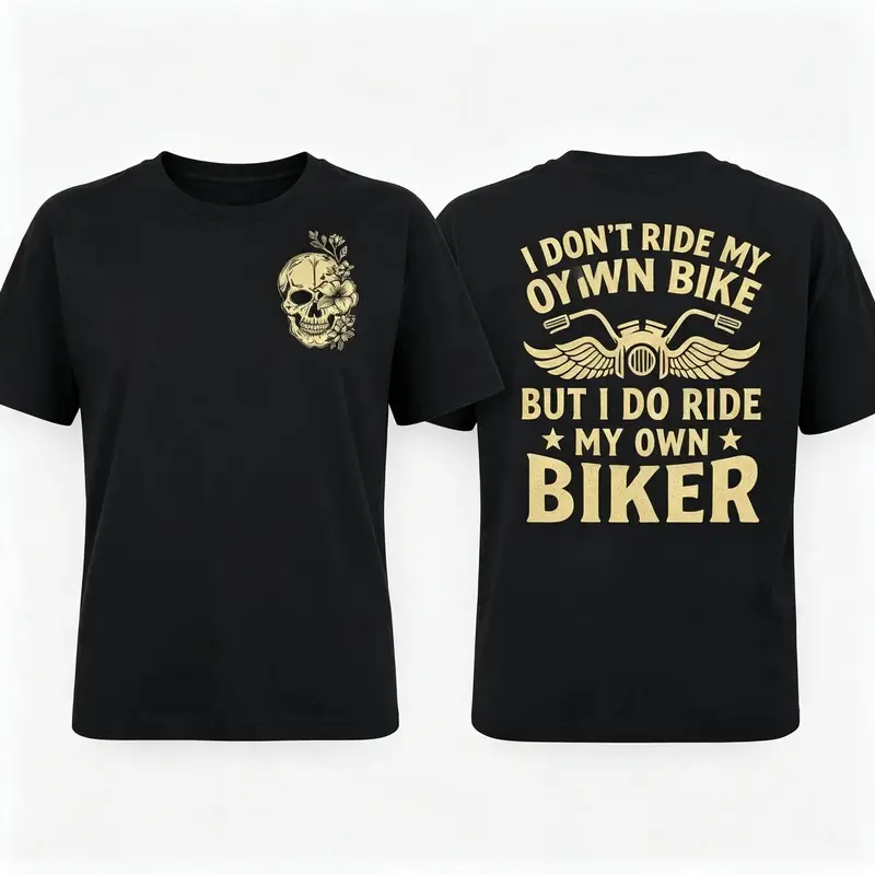 Floral Skull Biker Slogan Double-Sided Graphic Tee for Women Black Cotton T-shirt Summer Casual Funny Motorcycle Top Womenswear Streetwear