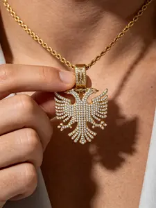 Albanian Eagle Zircon Necklace, Fashionable Versatile Luxury Vintage Heart Pattern, Stainless Steel Chain, Casual Style for Men