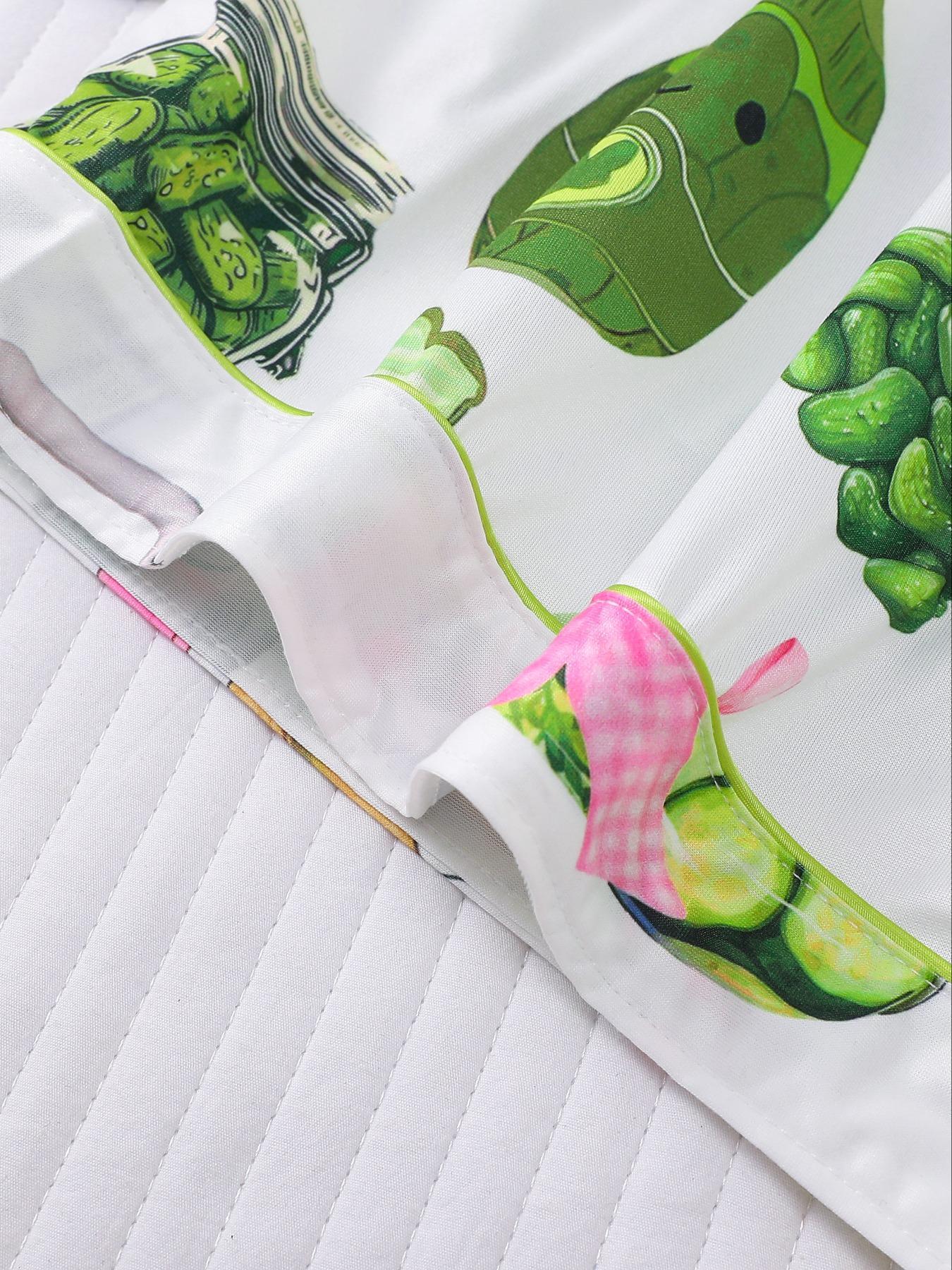 Women's Cucumber Print Short Sleeve Pajama Set, Casual Comfy Button Front Chest Pocket Design Lapel Neck Top & Elastic Waist Shorts PJ Set, Ladies Sleepwear Loungewear